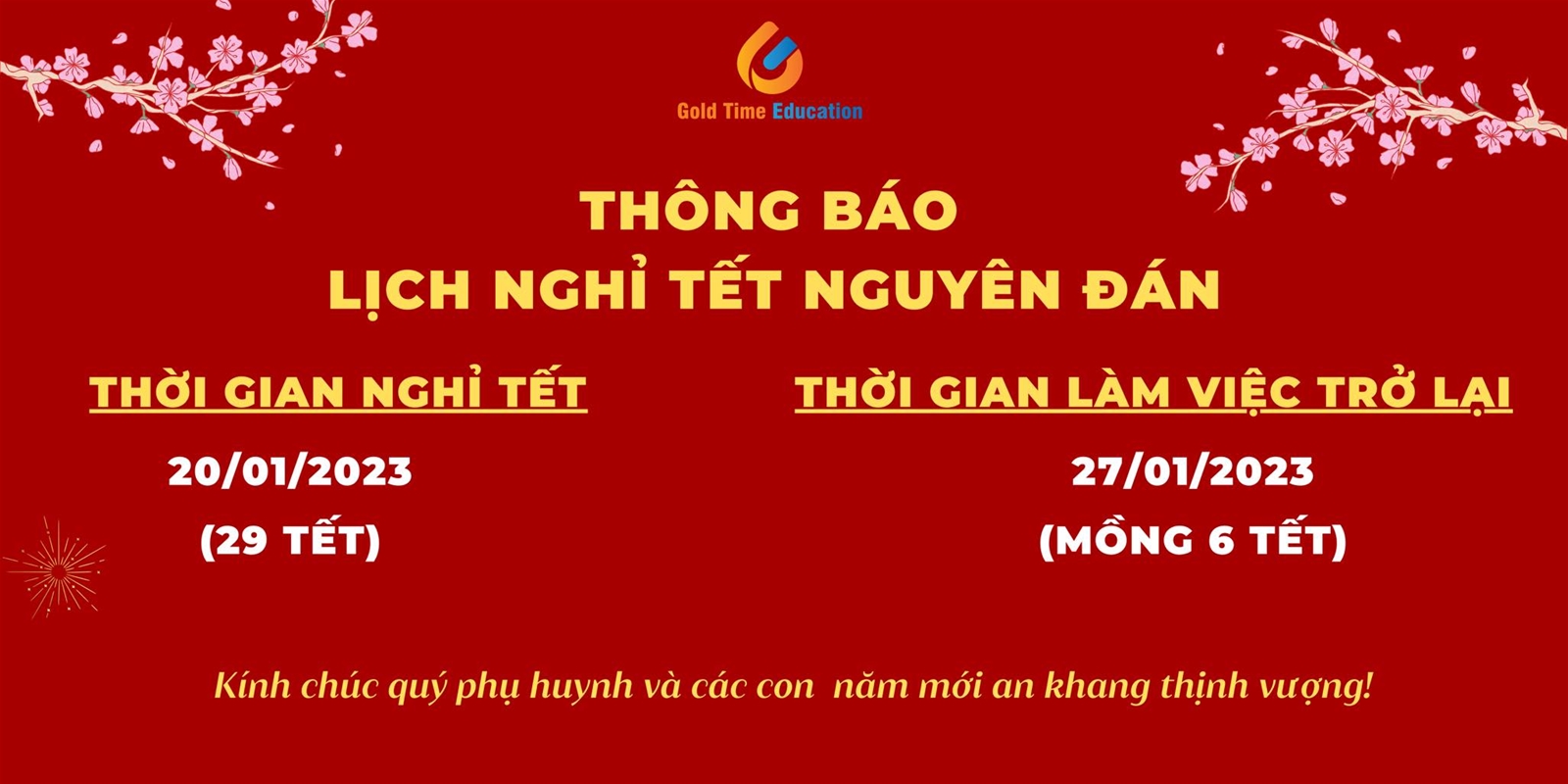 LỊCH NGHỈ TẾT NGUYÊN ĐÁN 2023