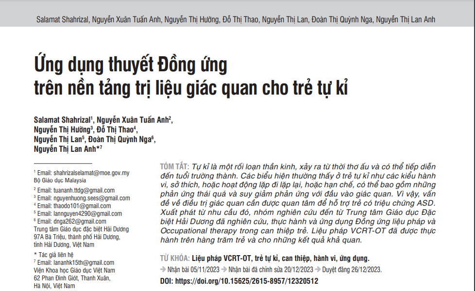 ỨNG DỤNG THUYẾT ĐỒNG ỨNG TRÊN NỀN TẢNG TRỊ LIỆU GIÁC QUAN CHO TRẺ TỰ KỈ
